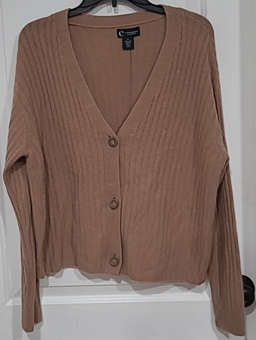 Bloomingdale's Ribbed V-Neck Button Cardigan - Tan Brown